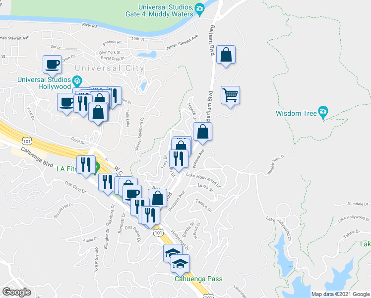 map of restaurants, bars, coffee shops, grocery stores, and more near 3200 Velma Drive in Los Angeles
