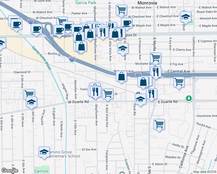 map of restaurants, bars, coffee shops, grocery stores, and more near 335 Genoa Street in Monrovia