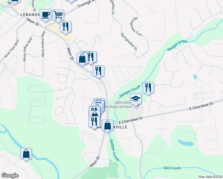 map of restaurants, bars, coffee shops, grocery stores, and more near 269 Stone Park Drive in Woodstock