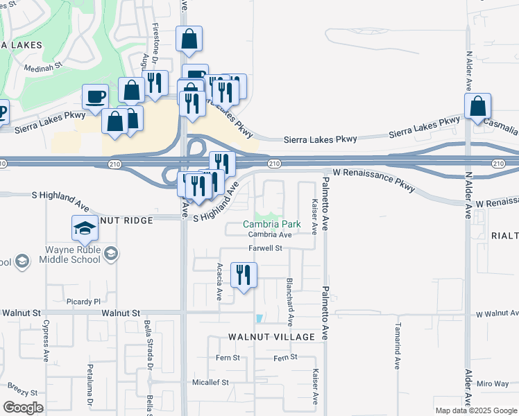 map of restaurants, bars, coffee shops, grocery stores, and more near 6578 Pacifica Avenue in Fontana