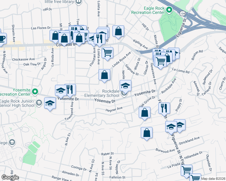 map of restaurants, bars, coffee shops, grocery stores, and more near Avoca Street in Los Angeles