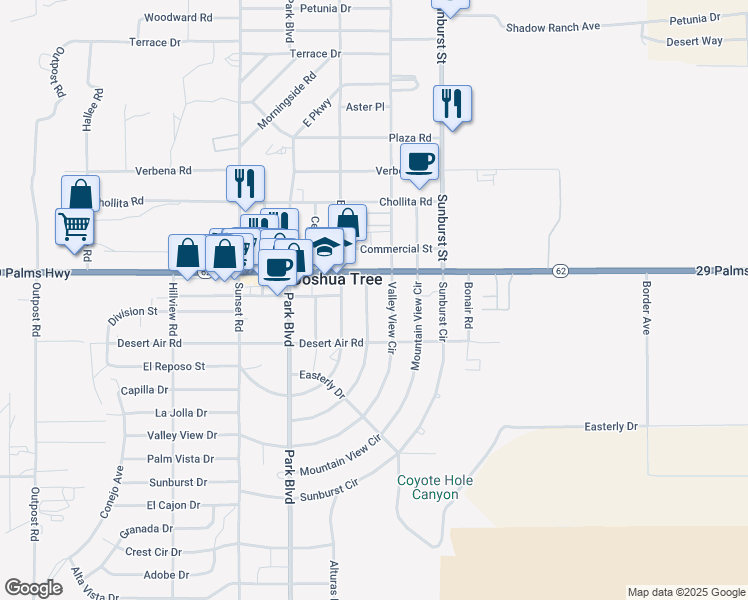 map of restaurants, bars, coffee shops, grocery stores, and more near 62081 Grand View Circle in Joshua Tree