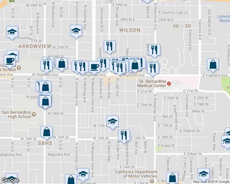 map of restaurants, bars, coffee shops, grocery stores, and more near 139 East 21st Street in San Bernardino