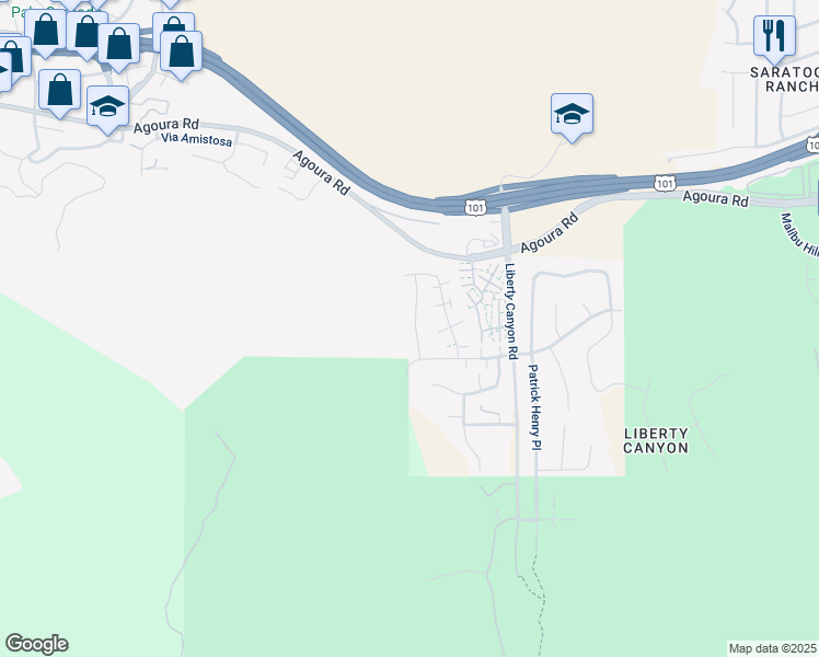 map of restaurants, bars, coffee shops, grocery stores, and more near 4033 Defender Drive in Agoura Hills
