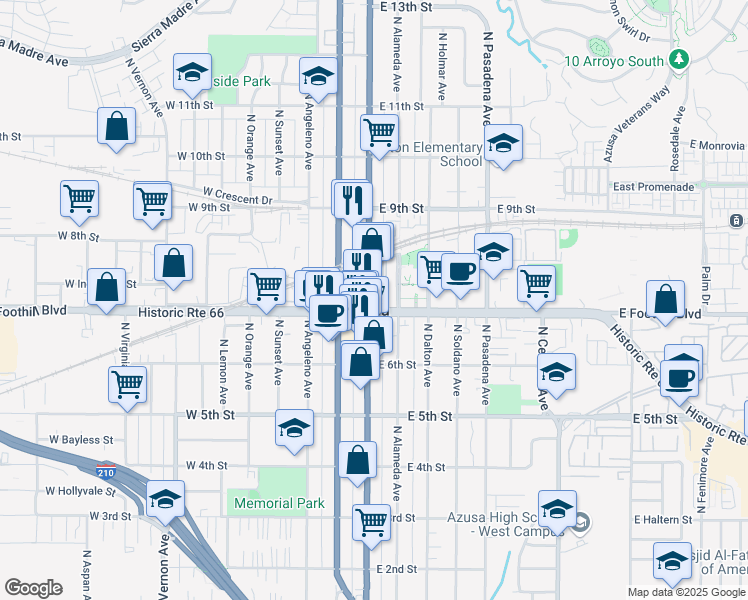 map of restaurants, bars, coffee shops, grocery stores, and more near 708 North Azusa Avenue in Azusa