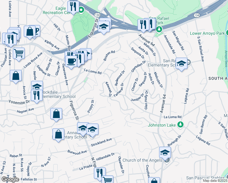map of restaurants, bars, coffee shops, grocery stores, and more near 1726 La Loma Road in Pasadena