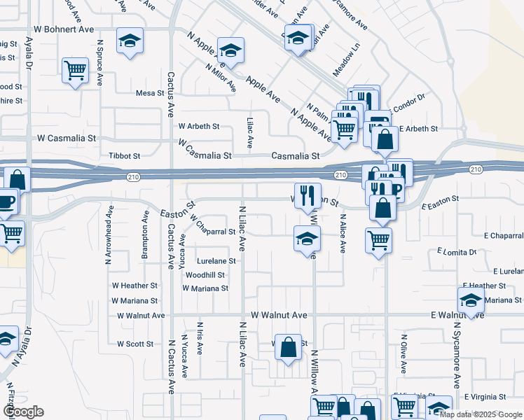 map of restaurants, bars, coffee shops, grocery stores, and more near 440 West Cromwell Street in Rialto