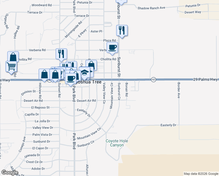 map of restaurants, bars, coffee shops, grocery stores, and more near 62080 Mountain View Cir in Joshua Tree