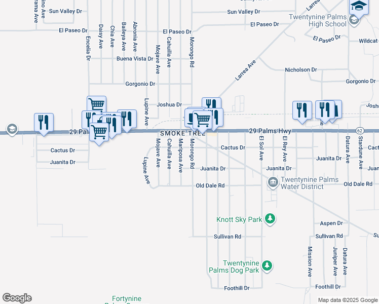 map of restaurants, bars, coffee shops, grocery stores, and more near 6580 Morongo Road in Twentynine Palms