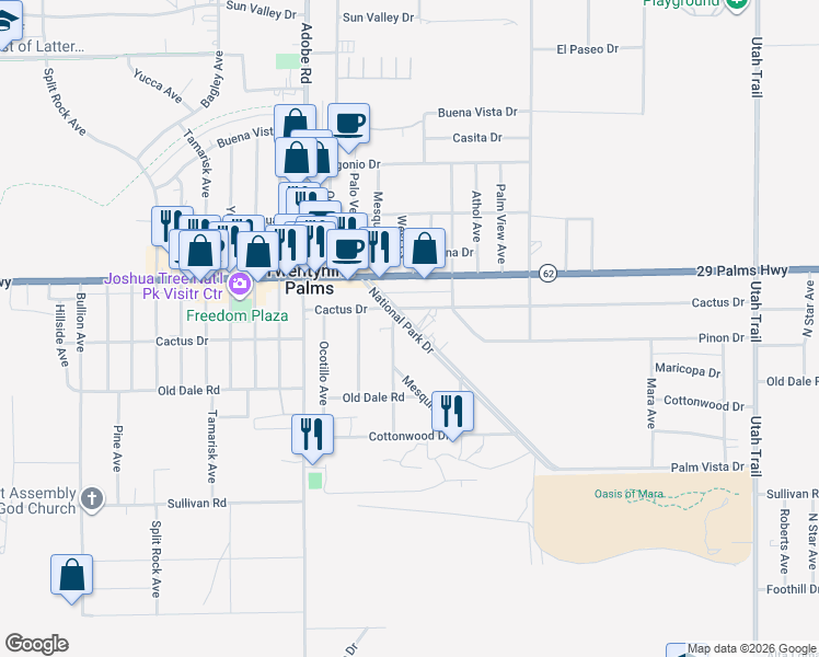 map of restaurants, bars, coffee shops, grocery stores, and more near 6605 Mesquite Avenue in Twentynine Palms