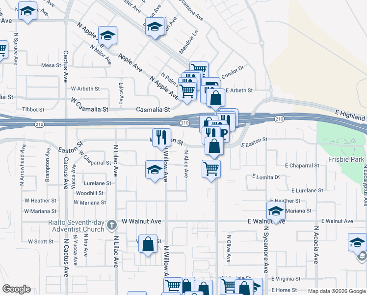map of restaurants, bars, coffee shops, grocery stores, and more near 1888 North Alice Avenue in Rialto