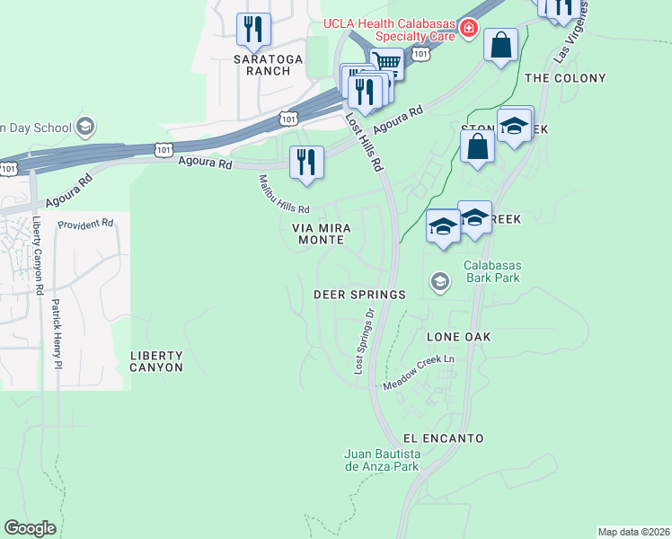 map of restaurants, bars, coffee shops, grocery stores, and more near 26935 Deerweed Trail in Agoura Hills