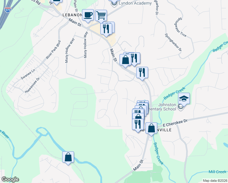 map of restaurants, bars, coffee shops, grocery stores, and more near 140 Archie Way in Woodstock