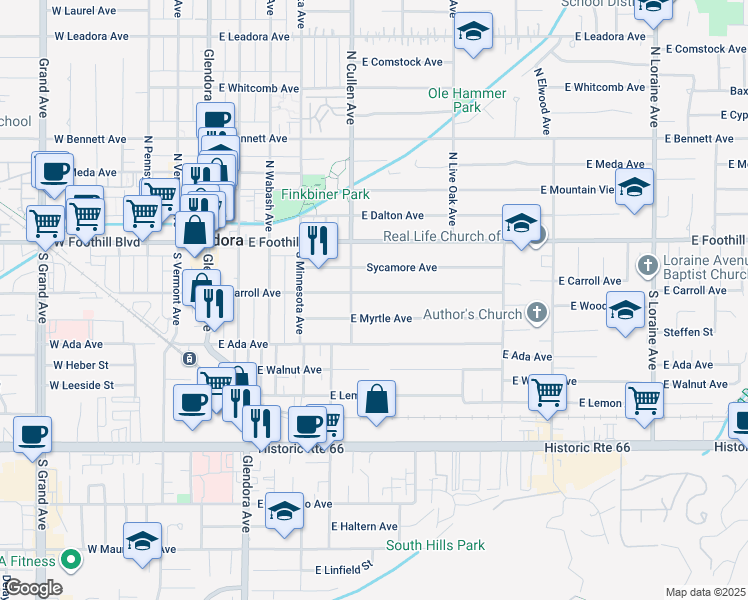 map of restaurants, bars, coffee shops, grocery stores, and more near 522 East Carroll Avenue in Glendora