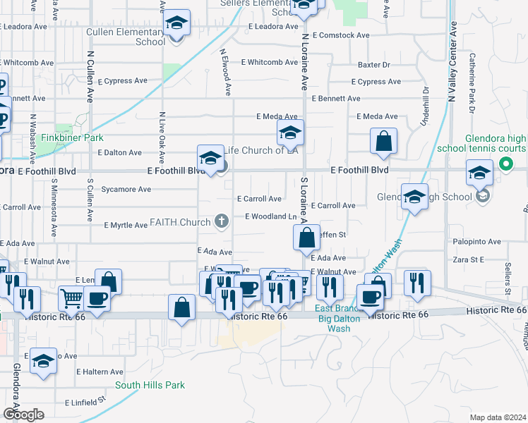 map of restaurants, bars, coffee shops, grocery stores, and more near 957 East Woodland Lane in Glendora