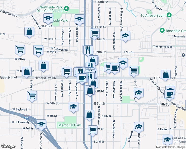 map of restaurants, bars, coffee shops, grocery stores, and more near 708 North Azusa Avenue in Azusa