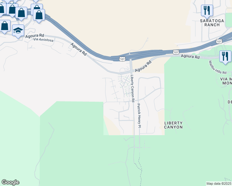 map of restaurants, bars, coffee shops, grocery stores, and more near 4060 Yankee Drive in Agoura Hills