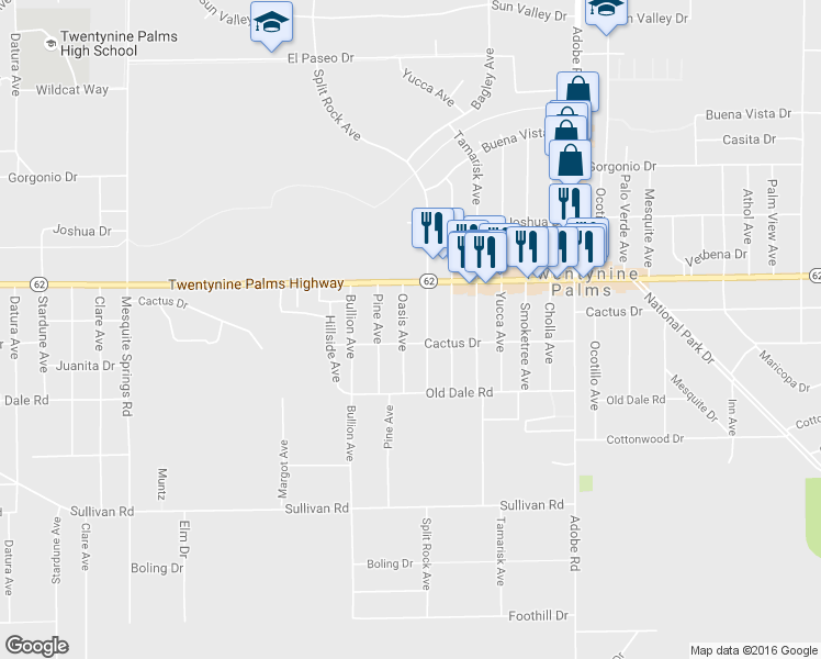 map of restaurants, bars, coffee shops, grocery stores, and more near 6587 Oasis Avenue in Twentynine Palms