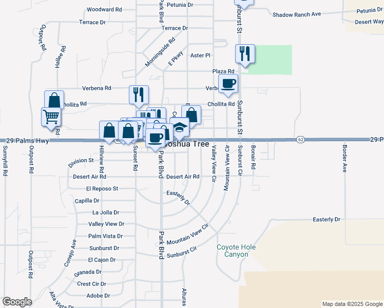 map of restaurants, bars, coffee shops, grocery stores, and more near in Joshua Tree