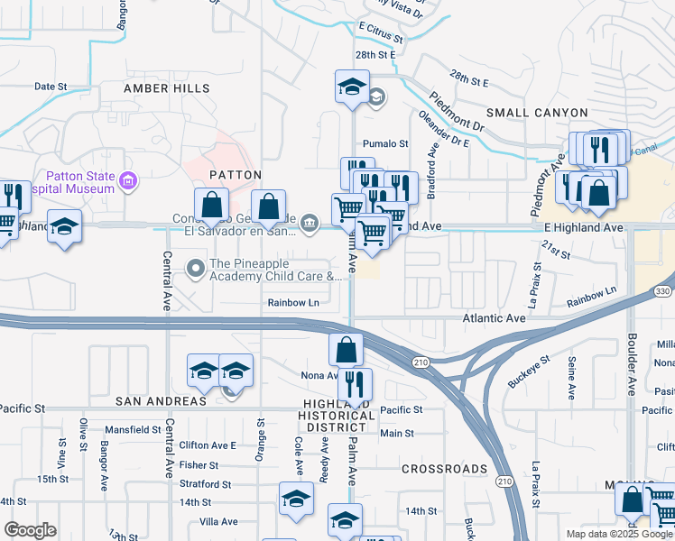 map of restaurants, bars, coffee shops, grocery stores, and more near 3539 21st Street in Highland