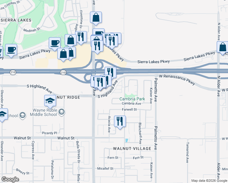 map of restaurants, bars, coffee shops, grocery stores, and more near 17014 Prospect Avenue in Fontana