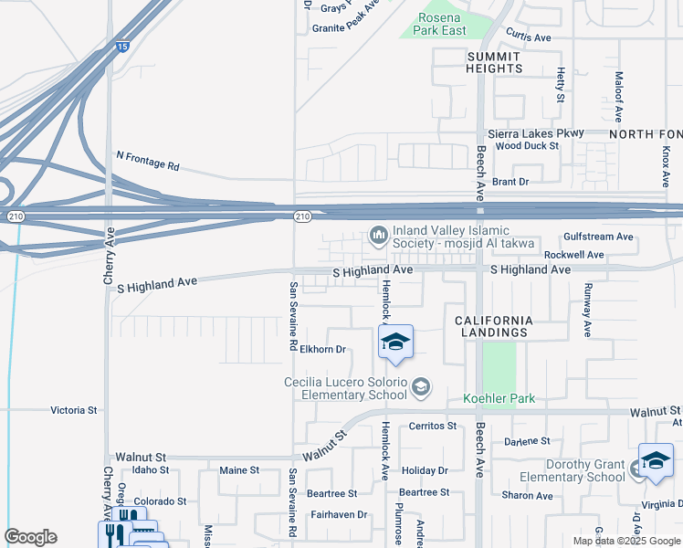 map of restaurants, bars, coffee shops, grocery stores, and more near 45 South Highland Avenue in Fontana