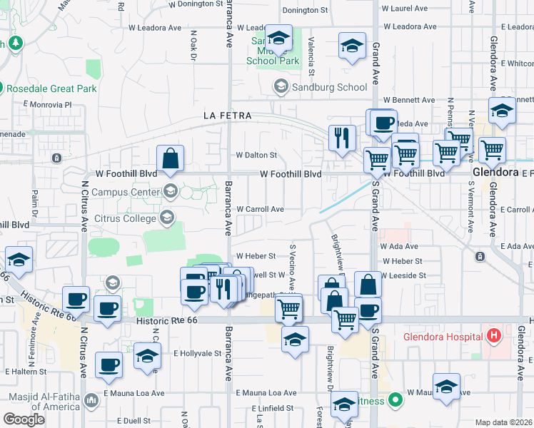 map of restaurants, bars, coffee shops, grocery stores, and more near 762 West Carroll Avenue in Glendora