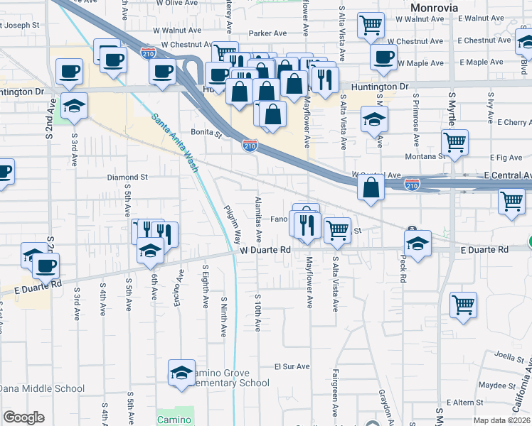 map of restaurants, bars, coffee shops, grocery stores, and more near 611 Fano Street in Monrovia