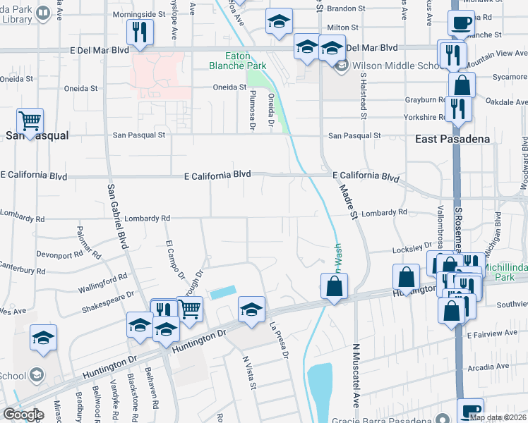 map of restaurants, bars, coffee shops, grocery stores, and more near 3265 Lombardy Road in Pasadena
