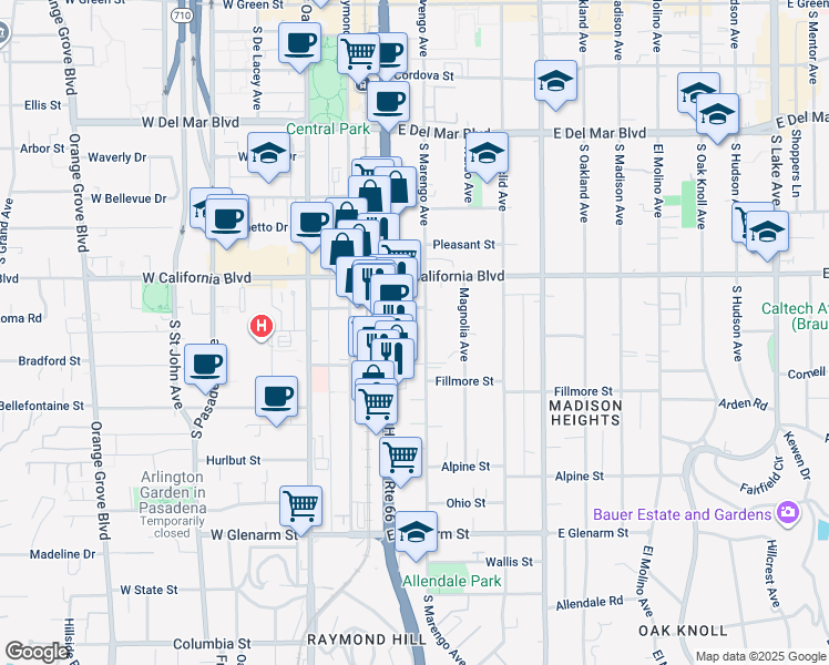 map of restaurants, bars, coffee shops, grocery stores, and more near 687 South Marengo Avenue in Pasadena