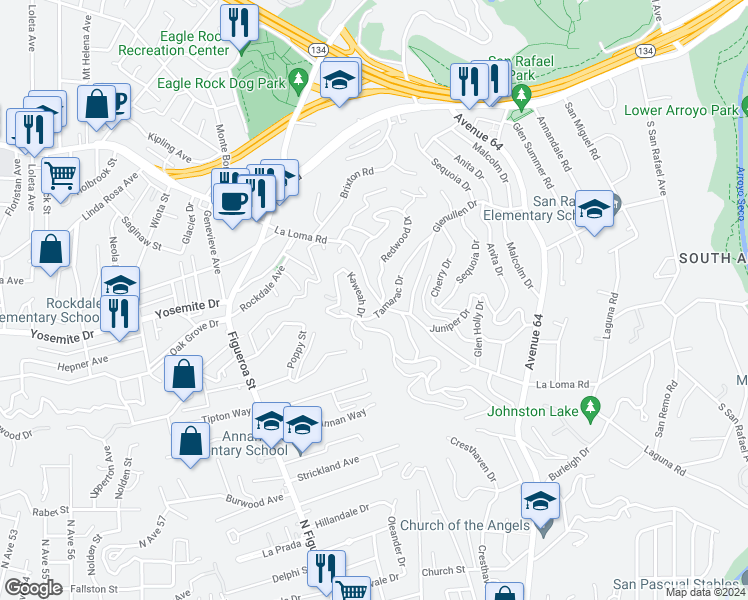map of restaurants, bars, coffee shops, grocery stores, and more near 1726 La Loma Road in Pasadena