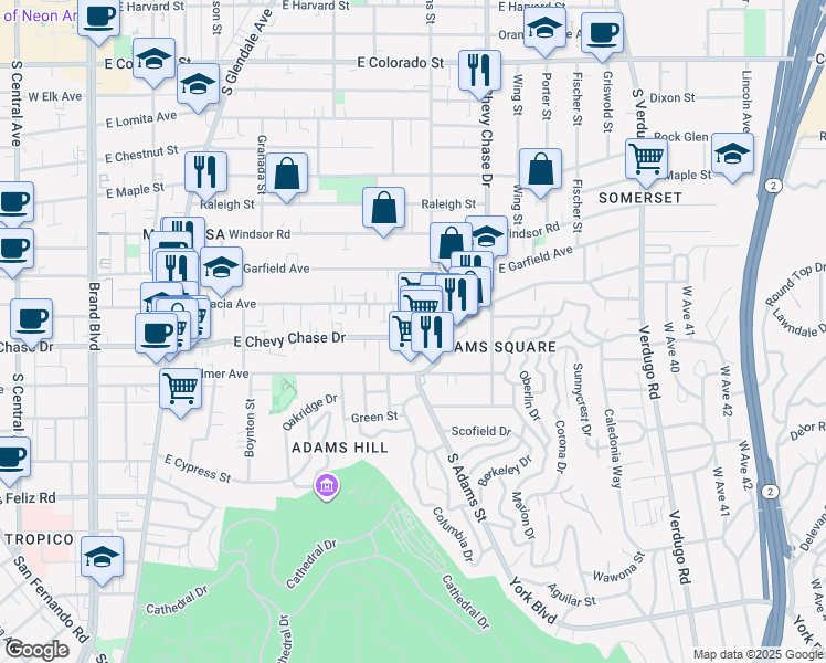 map of restaurants, bars, coffee shops, grocery stores, and more near 1012 East Acacia Avenue in Glendale