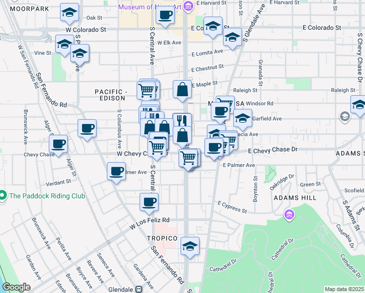 map of restaurants, bars, coffee shops, grocery stores, and more near 1013 South Brand Boulevard in Glendale