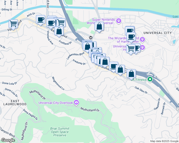 map of restaurants, bars, coffee shops, grocery stores, and more near 3858 Fredonia Drive in Los Angeles