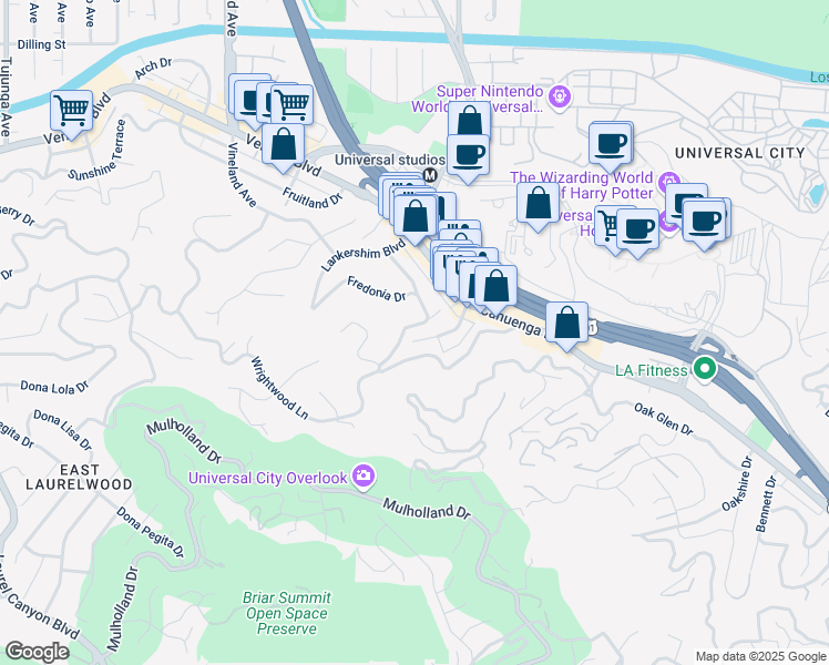 map of restaurants, bars, coffee shops, grocery stores, and more near 3858 Fredonia Drive in Los Angeles