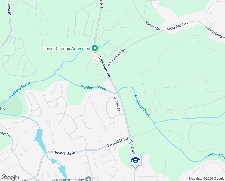map of restaurants, bars, coffee shops, grocery stores, and more near 5960 Sycamore Road in Buford
