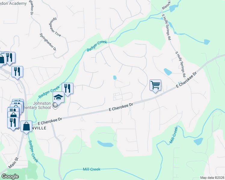 map of restaurants, bars, coffee shops, grocery stores, and more near 247 Highland Village Lane in Woodstock