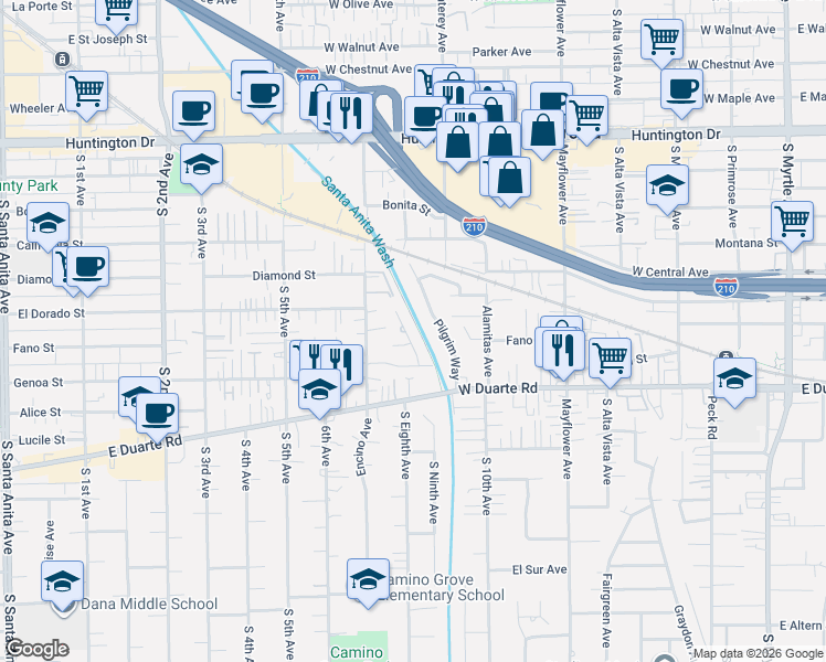 map of restaurants, bars, coffee shops, grocery stores, and more near 1618 Venice Avenue in Monrovia