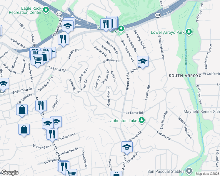map of restaurants, bars, coffee shops, grocery stores, and more near 412 Glen Holly Drive in Pasadena