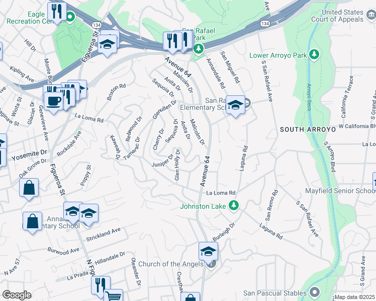 map of restaurants, bars, coffee shops, grocery stores, and more near 425 Anita Drive in Pasadena