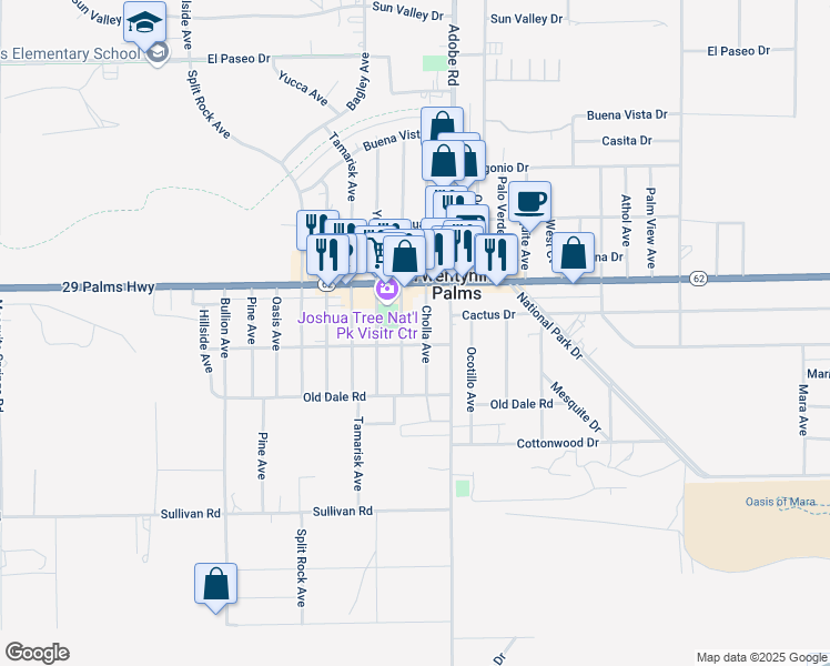 map of restaurants, bars, coffee shops, grocery stores, and more near 73636 Cactus Drive in Twentynine Palms