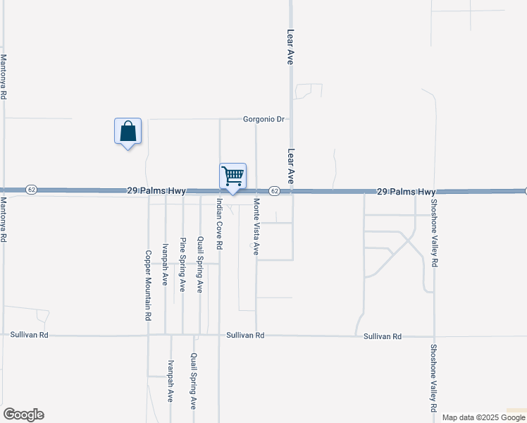 map of restaurants, bars, coffee shops, grocery stores, and more near 6557 Monte Vista Avenue in Twentynine Palms
