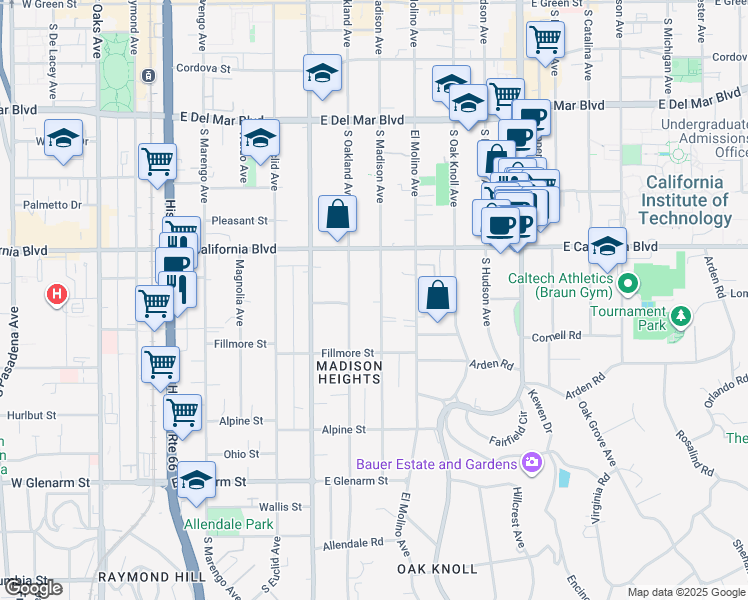 map of restaurants, bars, coffee shops, grocery stores, and more near 685 South Madison Avenue in Pasadena