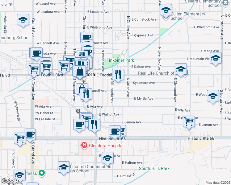 map of restaurants, bars, coffee shops, grocery stores, and more near 408 East Carroll Avenue in Glendora
