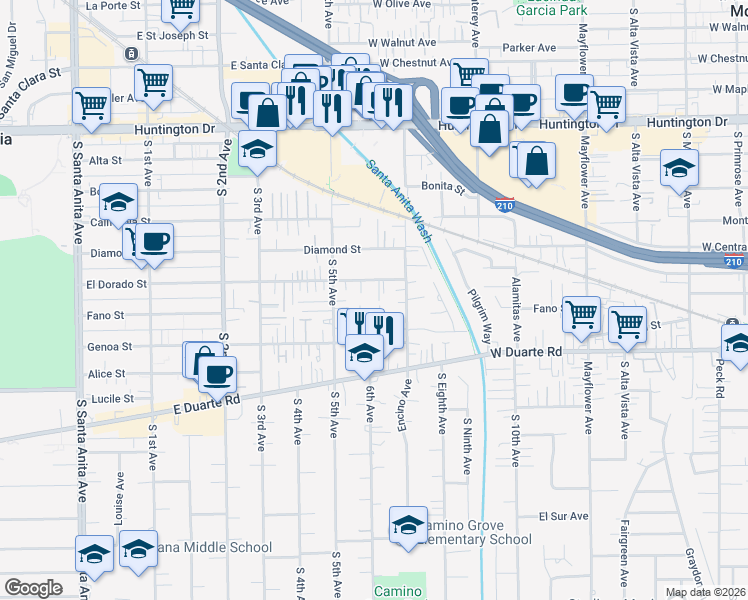map of restaurants, bars, coffee shops, grocery stores, and more near 922 El Dorado Street in Monrovia