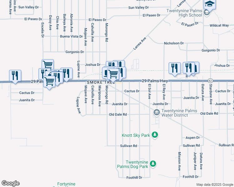 map of restaurants, bars, coffee shops, grocery stores, and more near 6573 Manzanita Avenue in Twentynine Palms