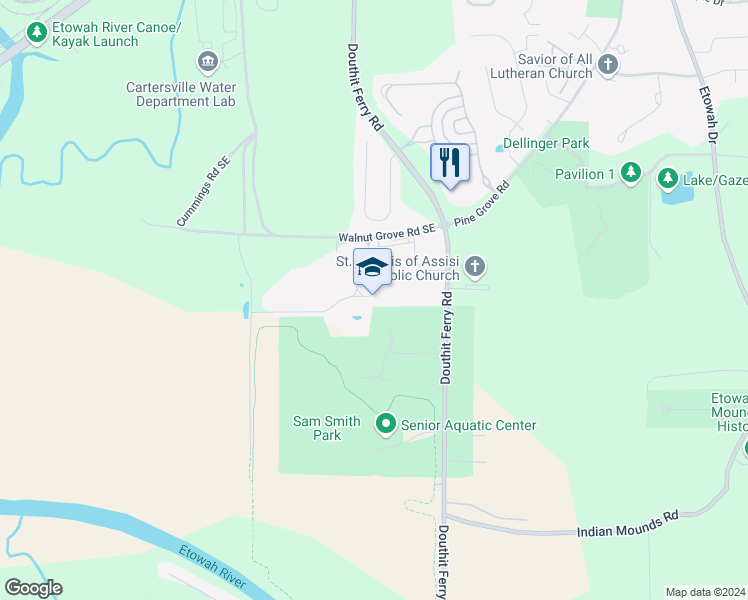 map of restaurants, bars, coffee shops, grocery stores, and more near 825 Douthit Ferry Road in Cartersville