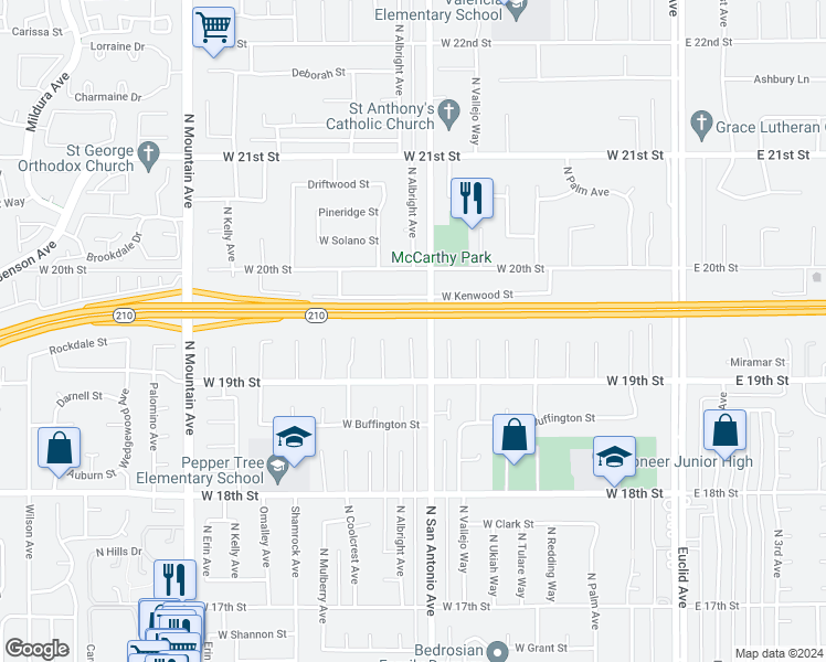 map of restaurants, bars, coffee shops, grocery stores, and more near 1940 North Abbie Way in Upland