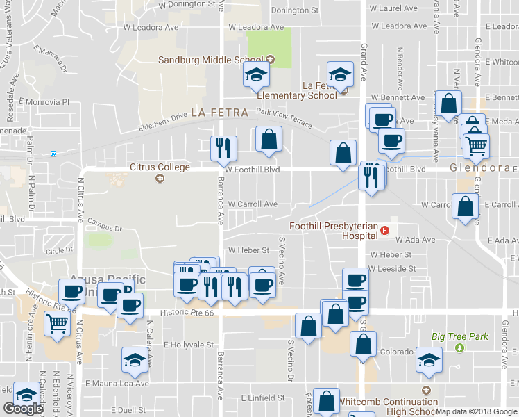 map of restaurants, bars, coffee shops, grocery stores, and more near 762 West Carroll Avenue in Glendora
