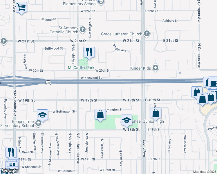 map of restaurants, bars, coffee shops, grocery stores, and more near 1946 North Redding Way in Upland